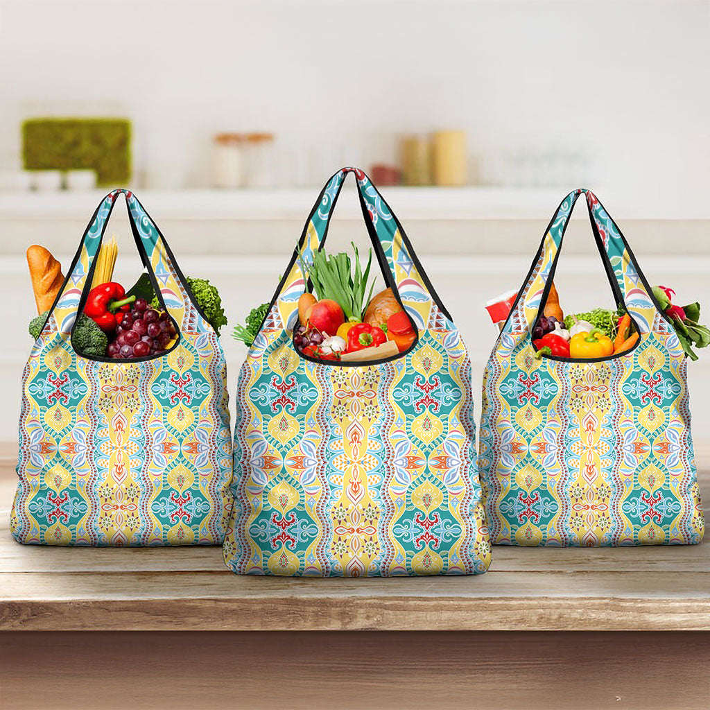 Indian Mandala Pattern Grocery Bag Yellow Geometric Floral Mandala