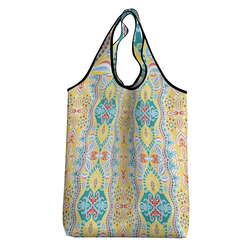 Indian Mandala Pattern Grocery Bag Yellow Geometric Floral Mandala