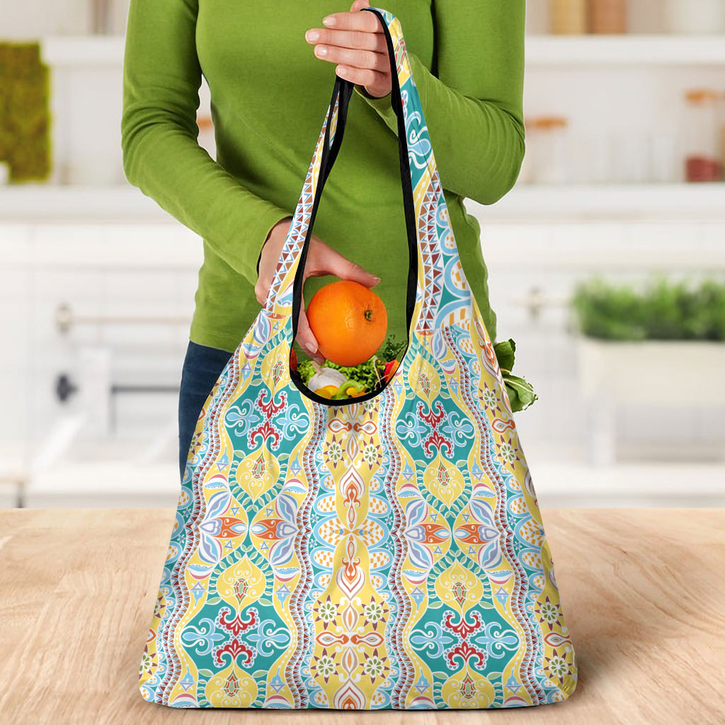 Indian Mandala Pattern Grocery Bag Yellow Geometric Floral Mandala