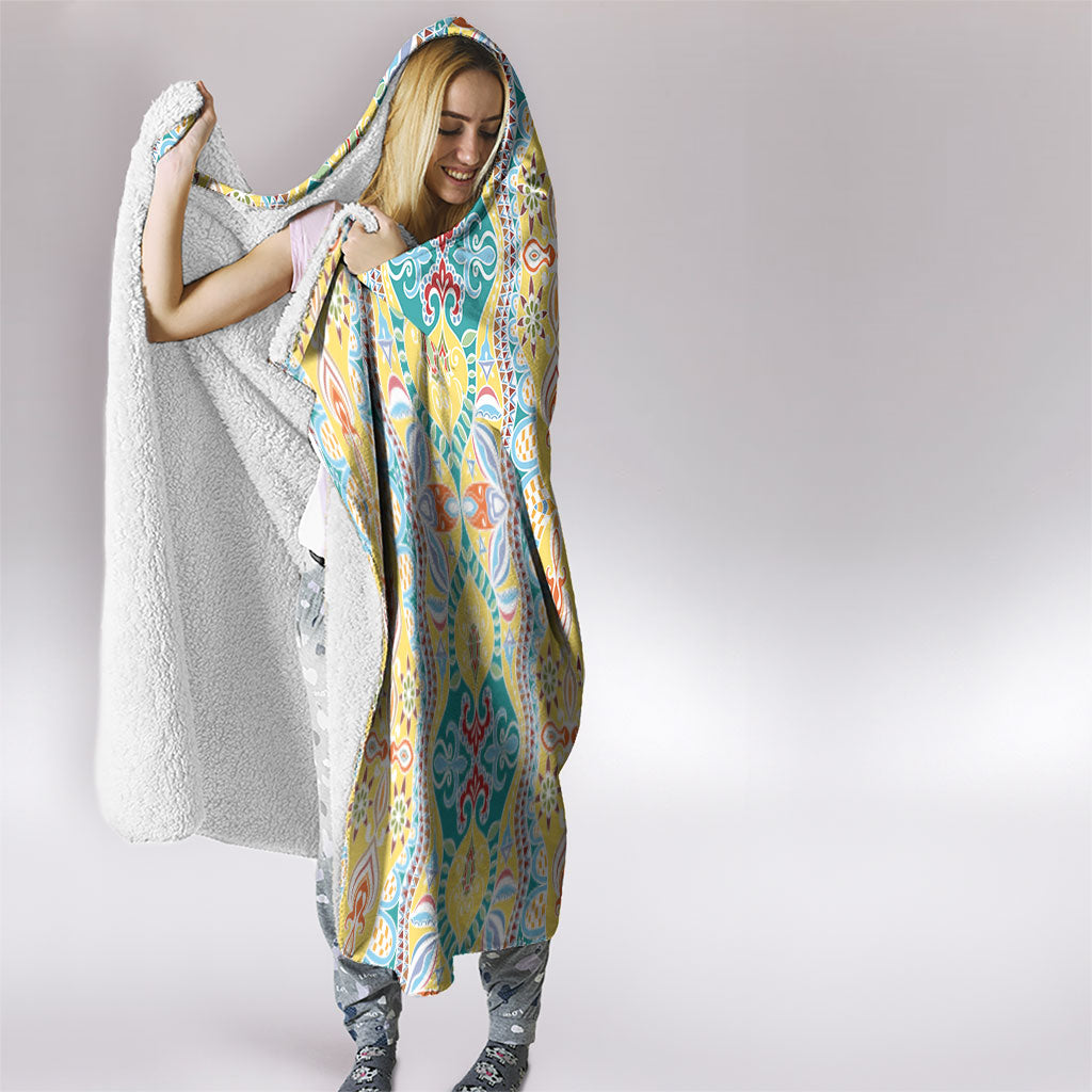 Indian Mandala Pattern Hooded Blanket Yellow Geometric Floral Mandala