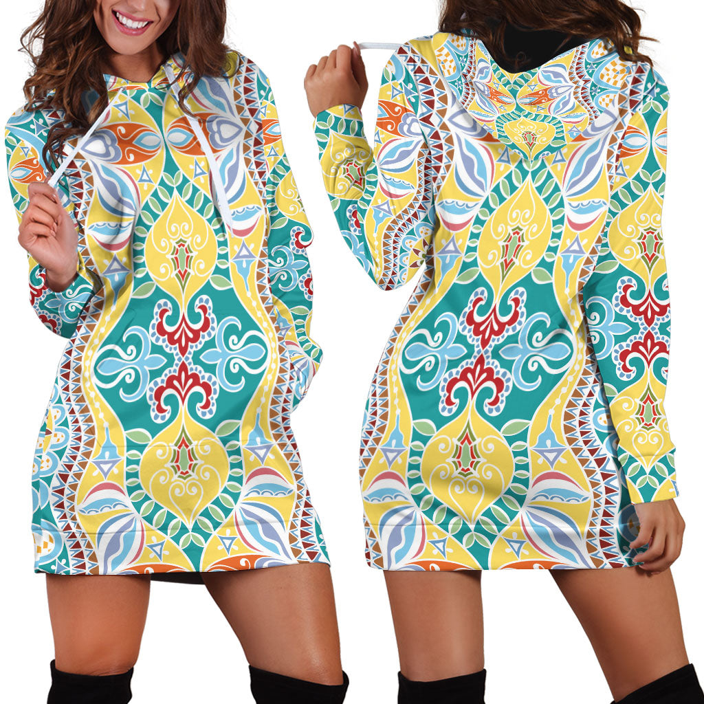 Indian Mandala Pattern Hoodie Dress Yellow Geometric Floral Mandala