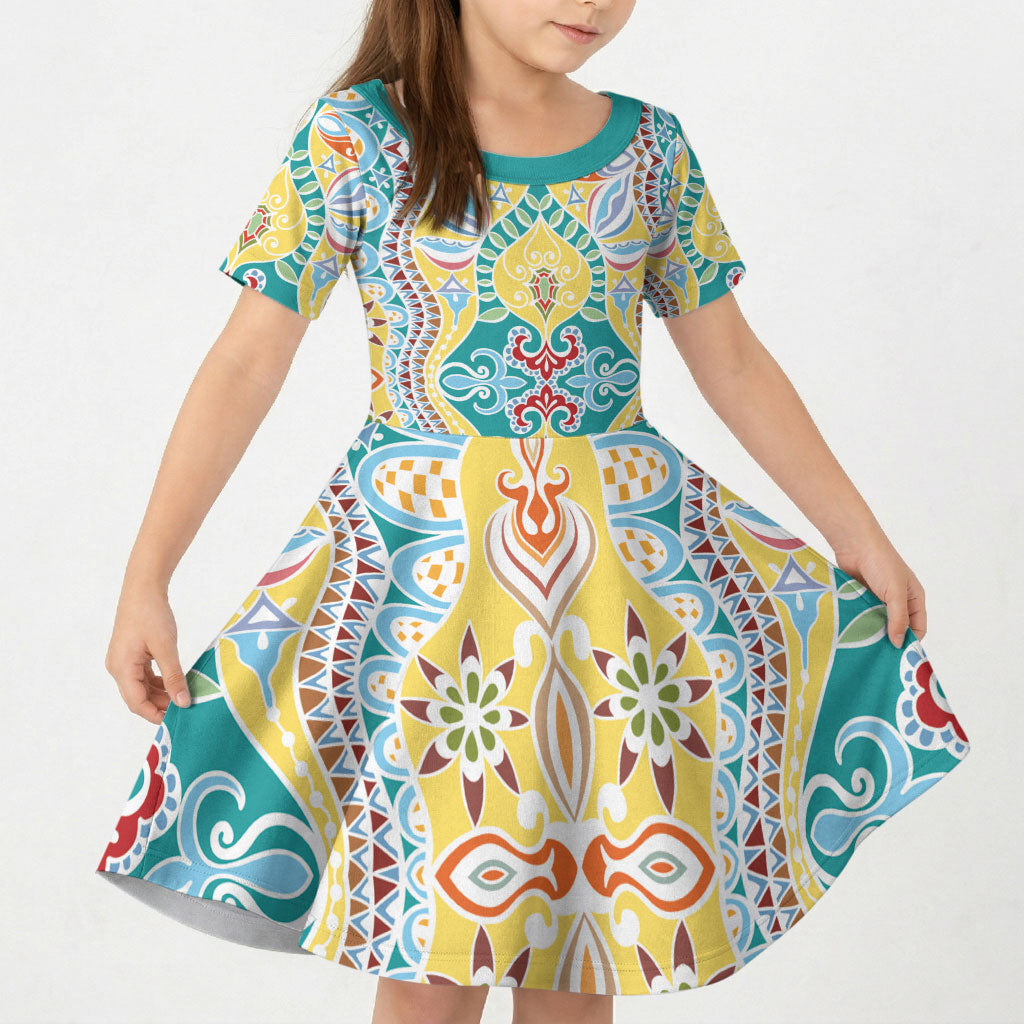 Indian Mandala Pattern Kid Short Sleeve Dress Yellow Geometric Floral Mandala