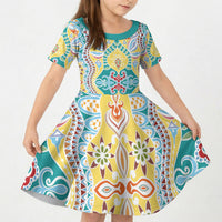 Indian Mandala Pattern Kid Short Sleeve Dress Yellow Geometric Floral Mandala