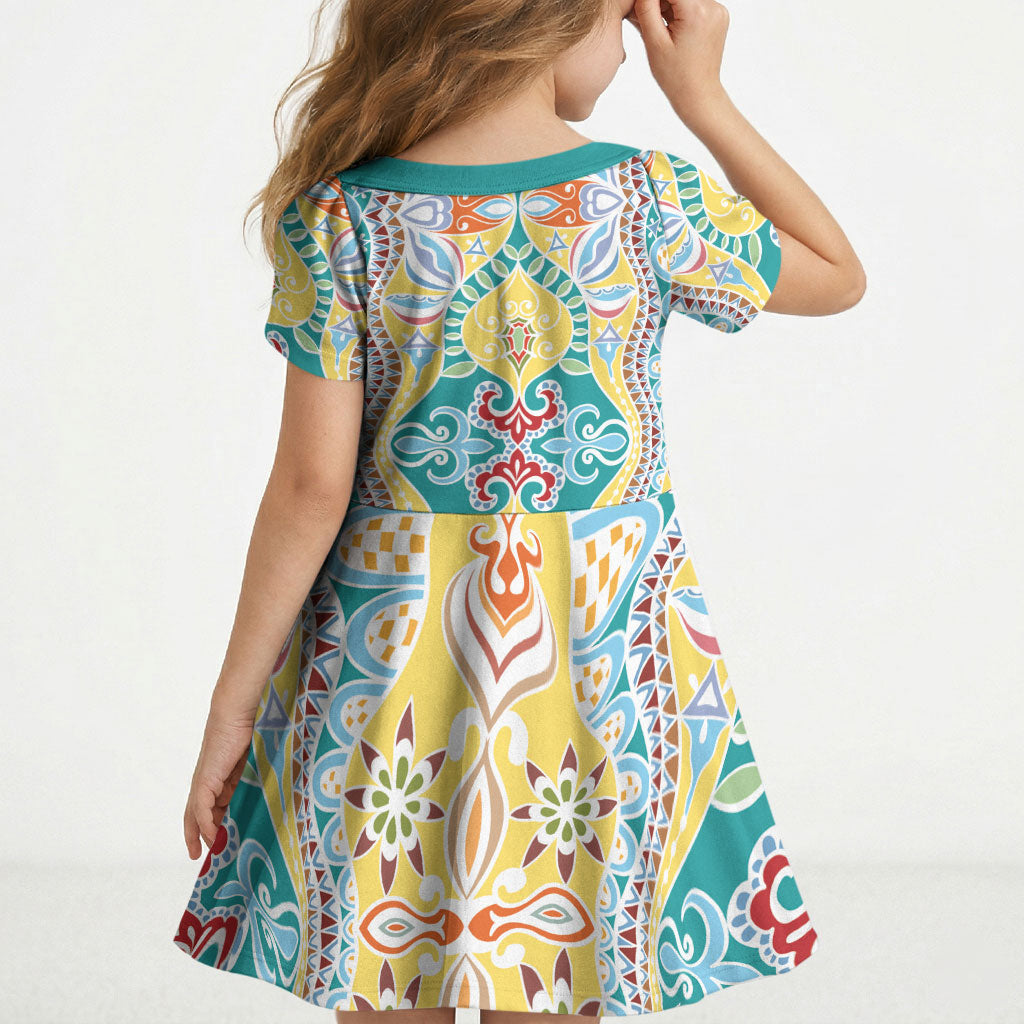 Indian Mandala Pattern Kid Short Sleeve Dress Yellow Geometric Floral Mandala