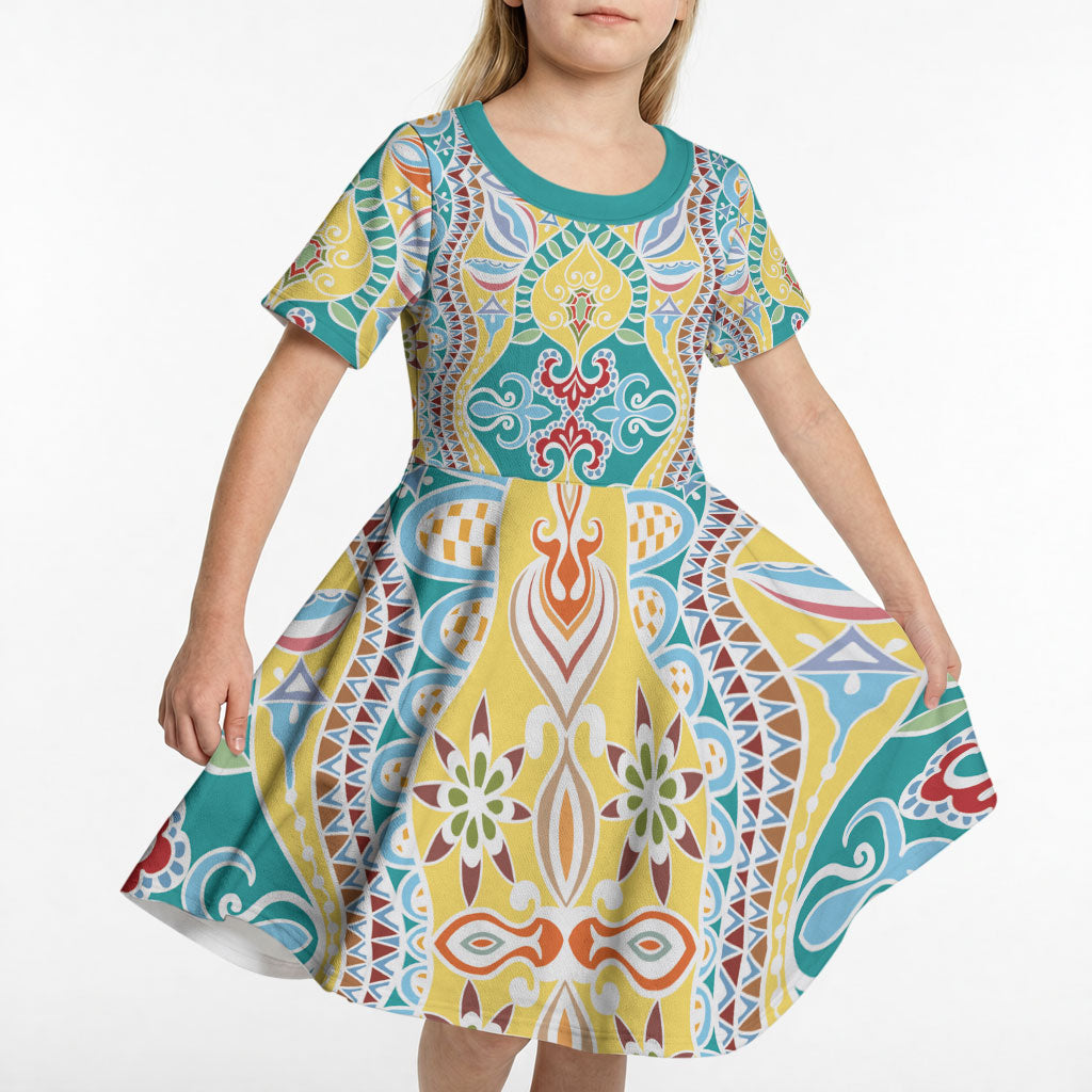 Indian Mandala Pattern Kid Short Sleeve Dress Yellow Geometric Floral Mandala