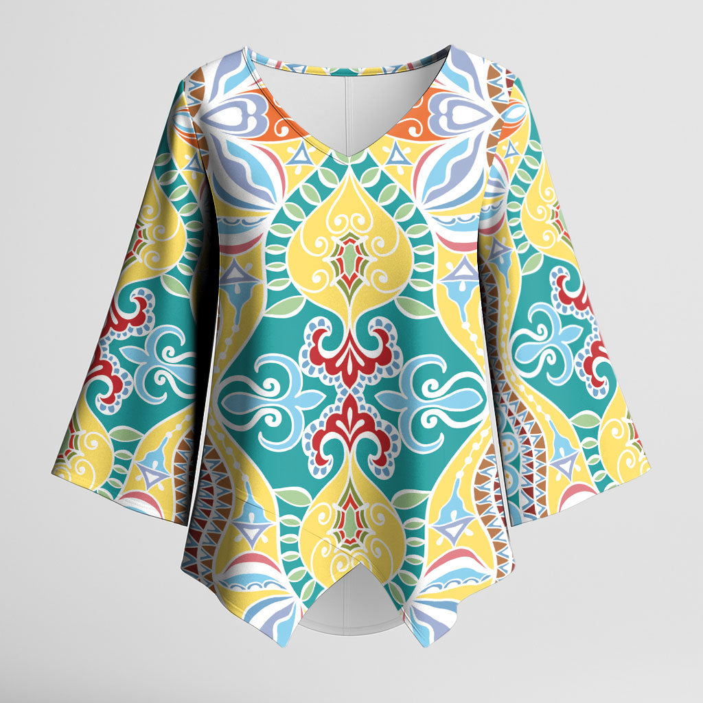 Indian Mandala Pattern Kimono Sleeve Blouse Yellow Geometric Floral Mandala