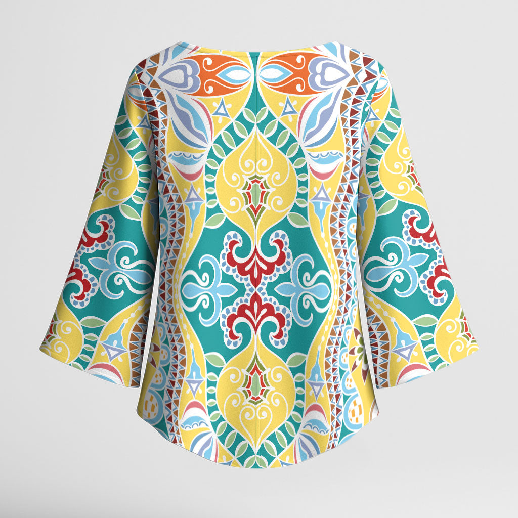 Indian Mandala Pattern Kimono Sleeve Blouse Yellow Geometric Floral Mandala