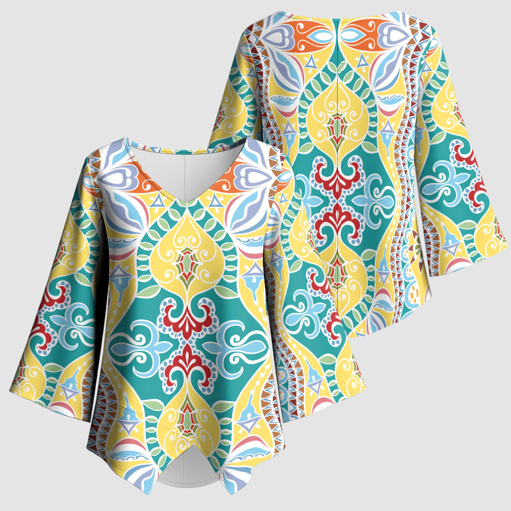 Indian Mandala Pattern Kimono Sleeve Blouse Yellow Geometric Floral Mandala
