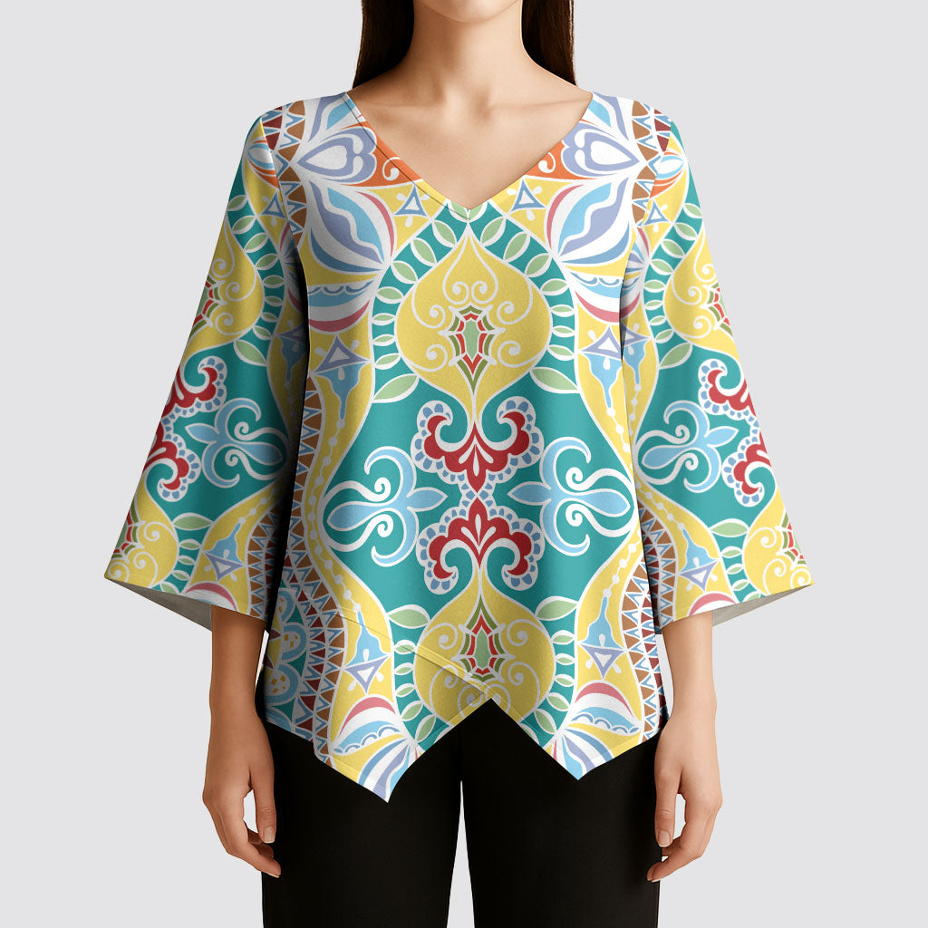 Indian Mandala Pattern Kimono Sleeve Blouse Yellow Geometric Floral Mandala