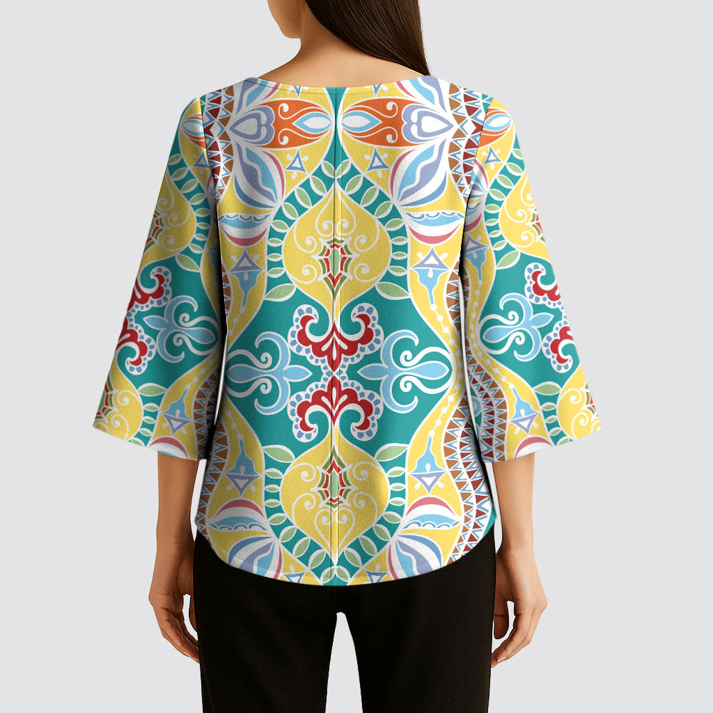 Indian Mandala Pattern Kimono Sleeve Blouse Yellow Geometric Floral Mandala
