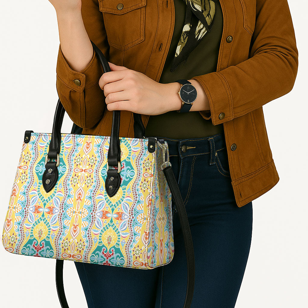 Indian Mandala Pattern Leather Bag Yellow Geometric Floral Mandala