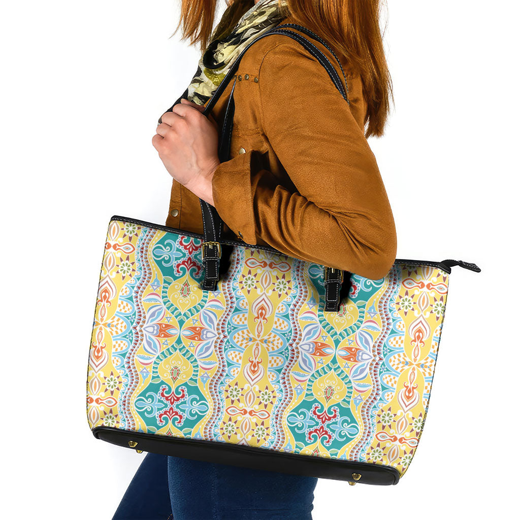 Indian Mandala Pattern Leather Tote Bag Yellow Geometric Floral Mandala