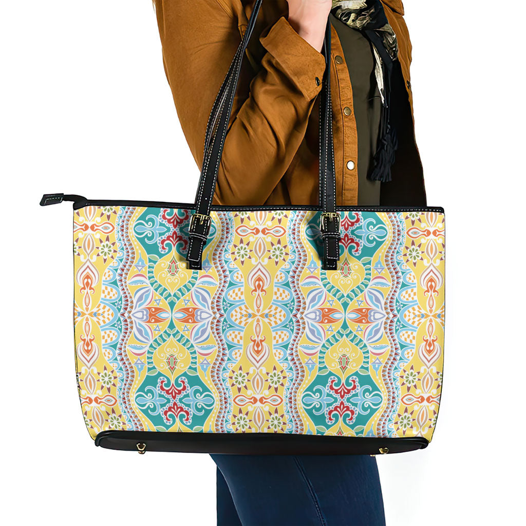 Indian Mandala Pattern Leather Tote Bag Yellow Geometric Floral Mandala