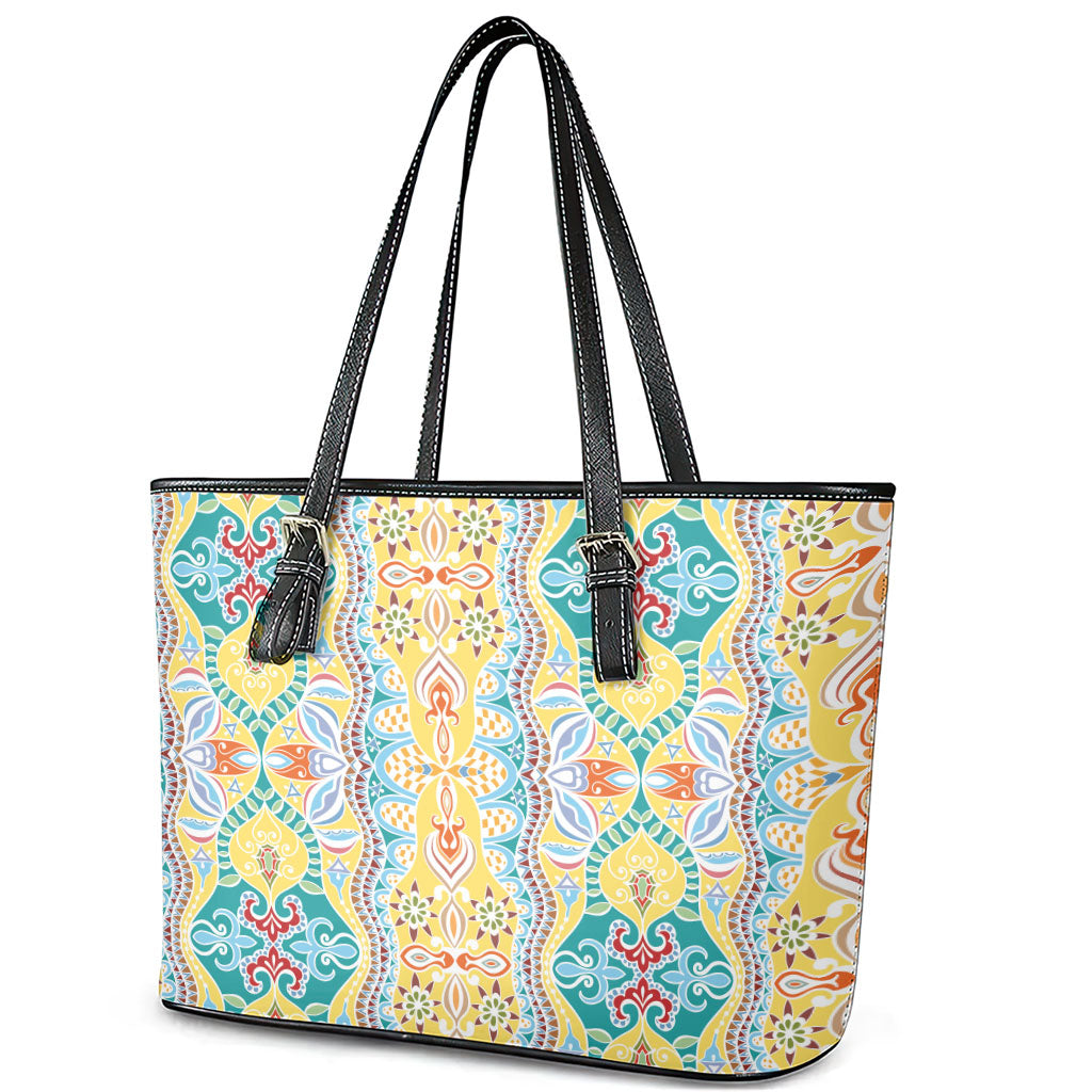 Indian Mandala Pattern Leather Tote Bag Yellow Geometric Floral Mandala