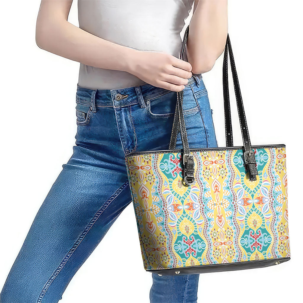 Indian Mandala Pattern Leather Tote Bag Yellow Geometric Floral Mandala