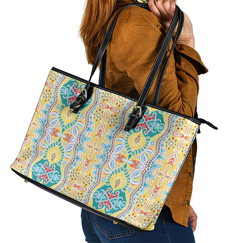 Indian Mandala Pattern Leather Tote Bag Yellow Geometric Floral Mandala