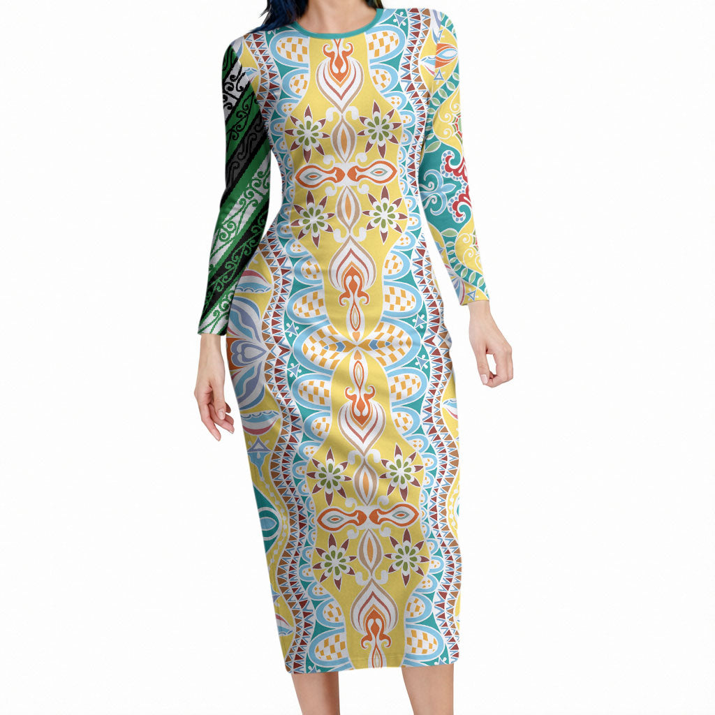 Indian Mandala Pattern Long Sleeve Bodycon Dress Yellow Geometric Floral Mandala
