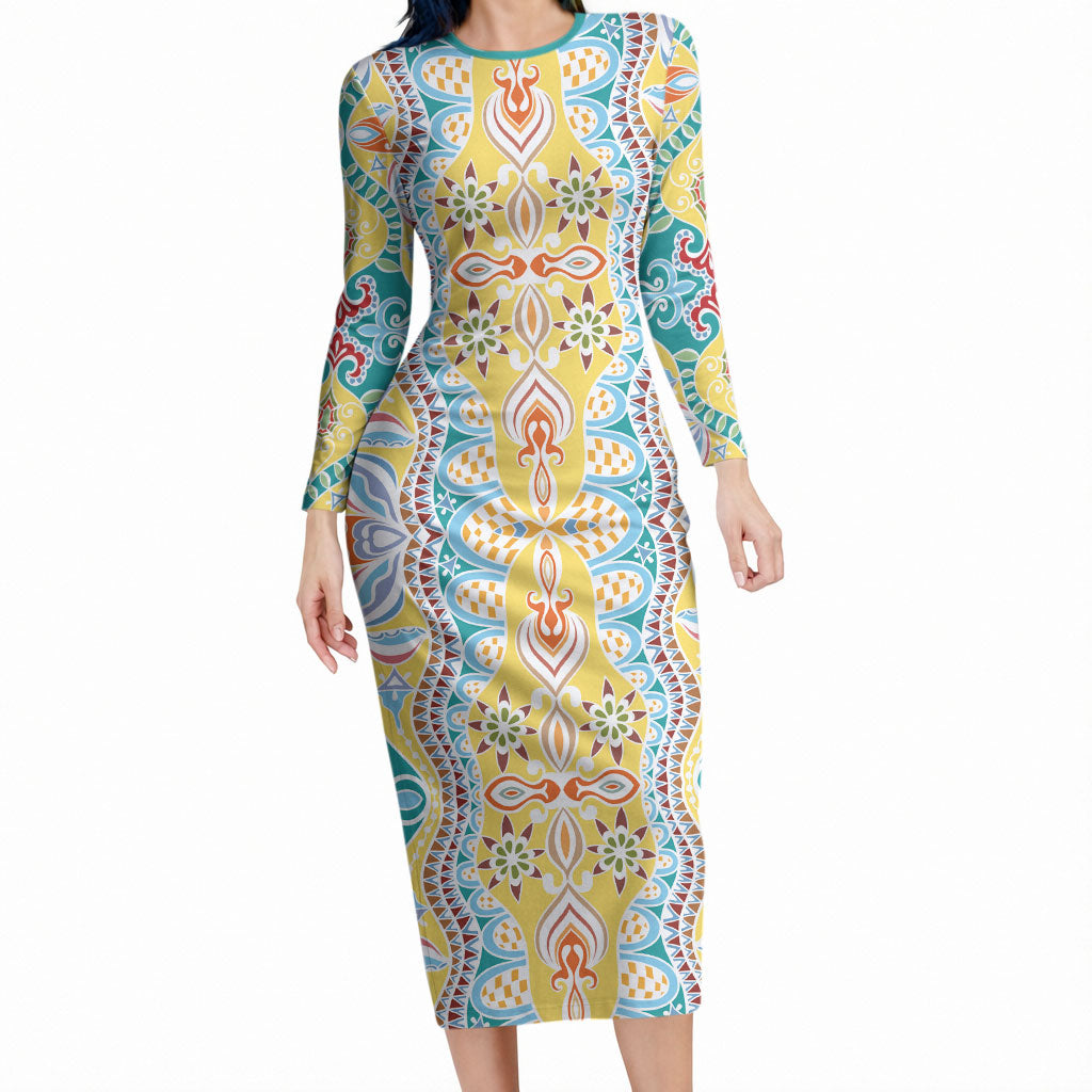 Indian Mandala Pattern Long Sleeve Bodycon Dress Yellow Geometric Floral Mandala LT19