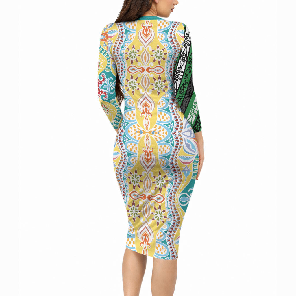 Indian Mandala Pattern Long Sleeve Bodycon Dress Yellow Geometric Floral Mandala