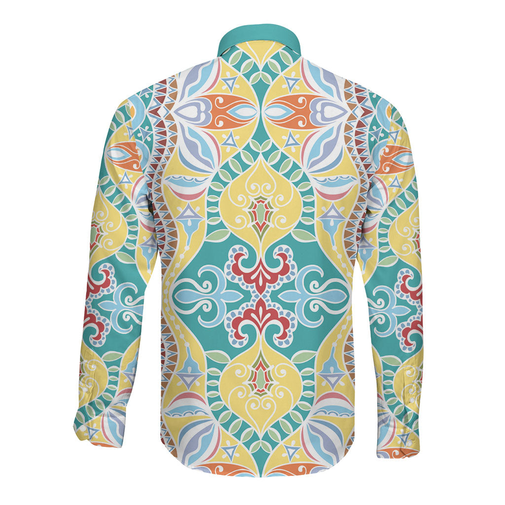Indian Mandala Pattern Long Sleeve Button Shirt Yellow Geometric Floral Mandala