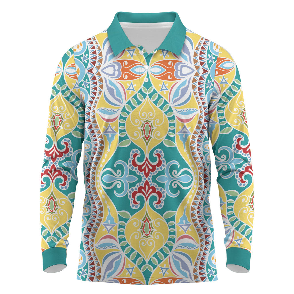 Indian Mandala Pattern Long Sleeve Polo Shirt Yellow Geometric Floral Mandala