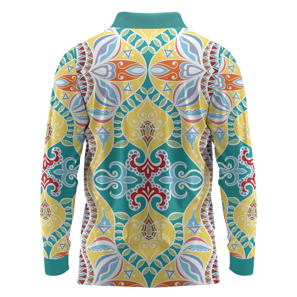 Indian Mandala Pattern Long Sleeve Polo Shirt Yellow Geometric Floral Mandala