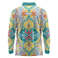 Indian Mandala Pattern Long Sleeve Polo Shirt Yellow Geometric Floral Mandala