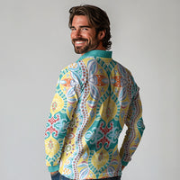 Indian Mandala Pattern Long Sleeve Polo Shirt Yellow Geometric Floral Mandala