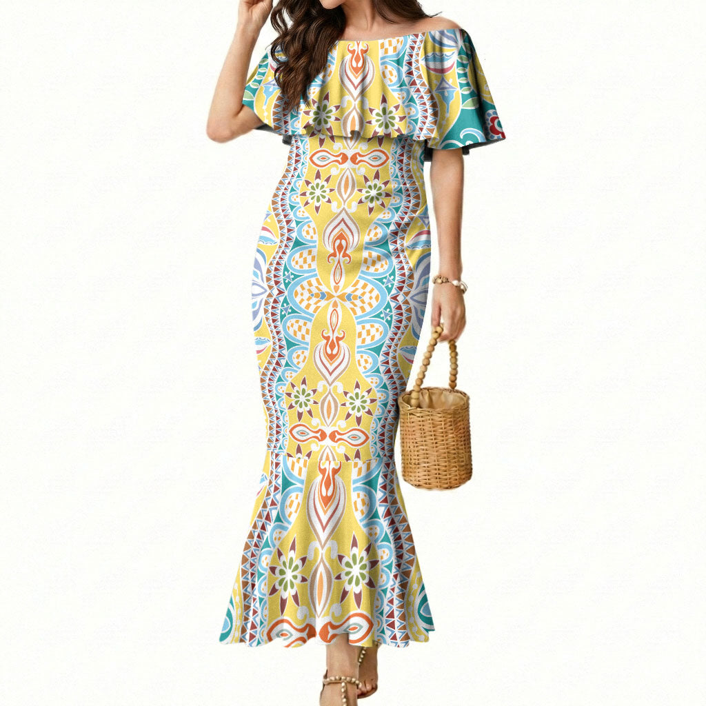 Indian Mandala Pattern Mermaid Dress Yellow Geometric Floral Mandala