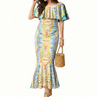 Indian Mandala Pattern Mermaid Dress Yellow Geometric Floral Mandala