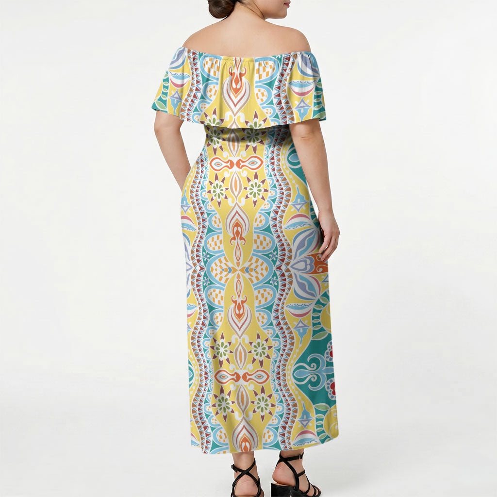 Indian Mandala Pattern Off Shoulder Maxi Dress Yellow Geometric Floral Mandala