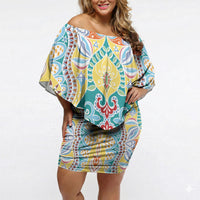 Indian Mandala Pattern Off Shoulder Short Dress Yellow Geometric Floral Mandala