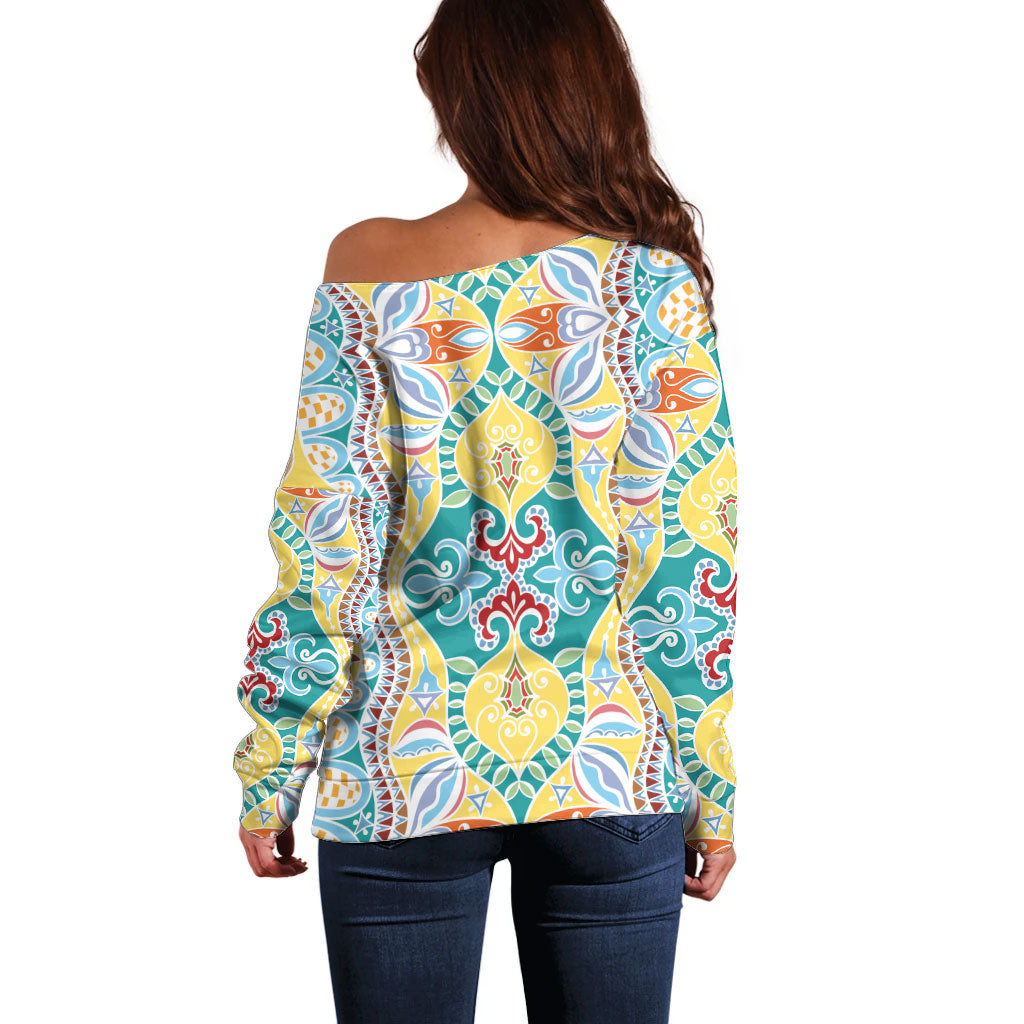 Indian Mandala Pattern Off Shoulder Sweater Yellow Geometric Floral Mandala