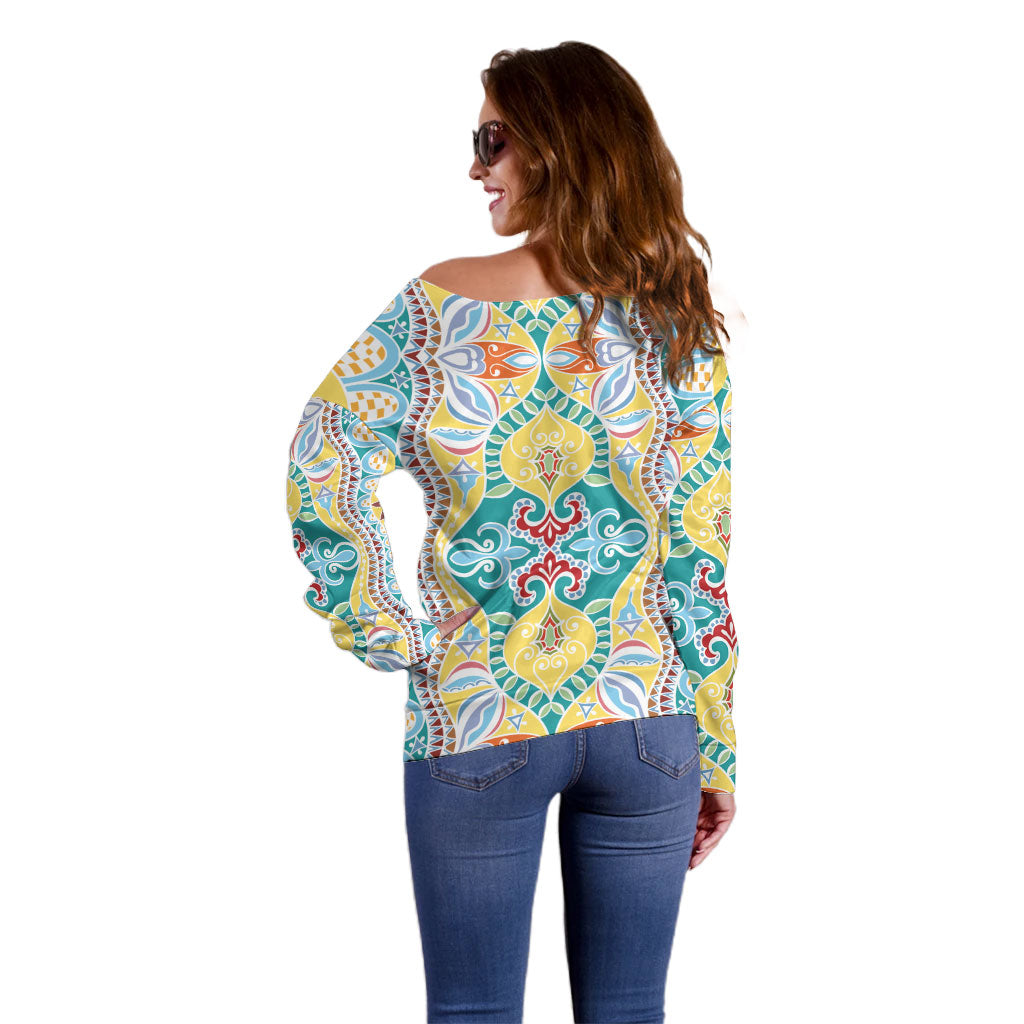 Indian Mandala Pattern Off Shoulder Sweater Yellow Geometric Floral Mandala