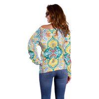 Indian Mandala Pattern Off Shoulder Sweater Yellow Geometric Floral Mandala