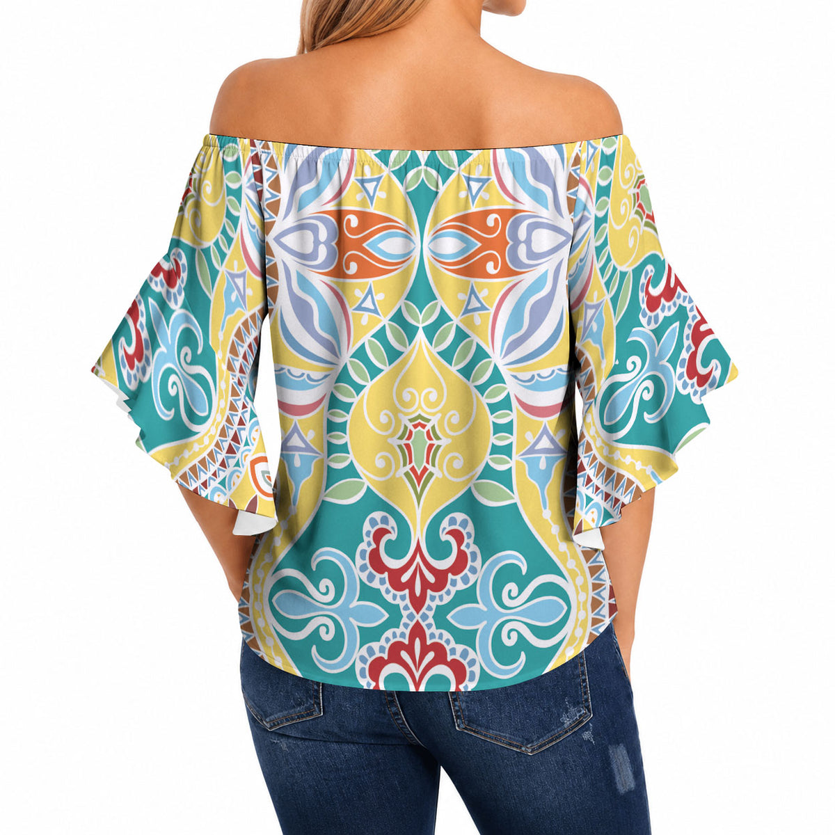 Indian Mandala Pattern Off Shoulder Wrap Waist Top Yellow Geometric Floral Mandala