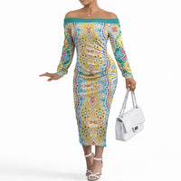 Indian Mandala Pattern Off The Shoulder Long Sleeve Dress Yellow Geometric Floral Mandala