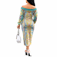 Indian Mandala Pattern Off The Shoulder Long Sleeve Dress Yellow Geometric Floral Mandala