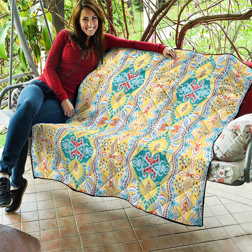 Indian Mandala Pattern Quilt Yellow Geometric Floral Mandala