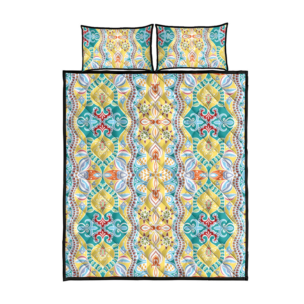Indian Mandala Pattern Quilt Bed Set Yellow Geometric Floral Mandala