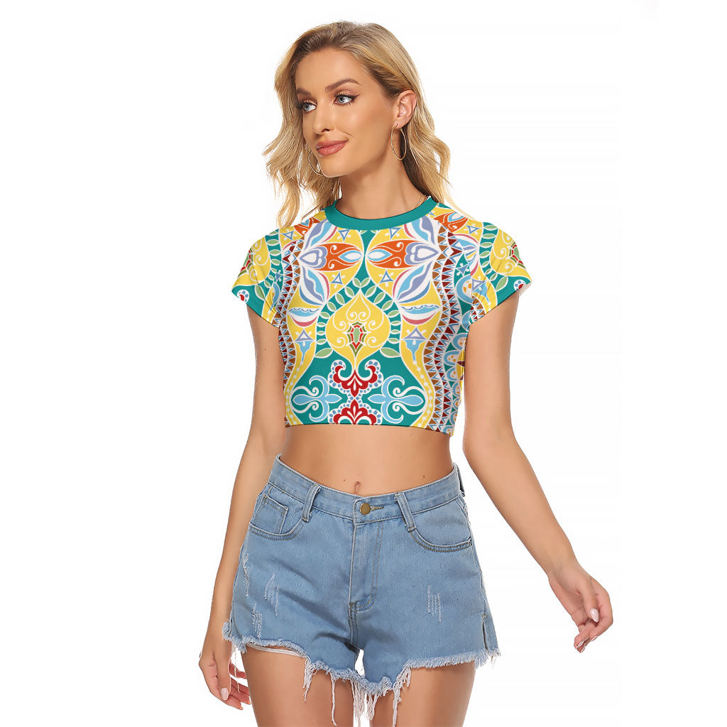 Indian Mandala Pattern Raglan Cropped T Shirt Yellow Geometric Floral Mandala
