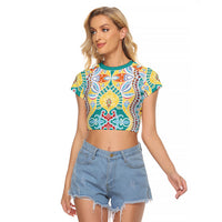 Indian Mandala Pattern Raglan Cropped T Shirt Yellow Geometric Floral Mandala