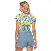 Indian Mandala Pattern Raglan Cropped T Shirt Yellow Geometric Floral Mandala
