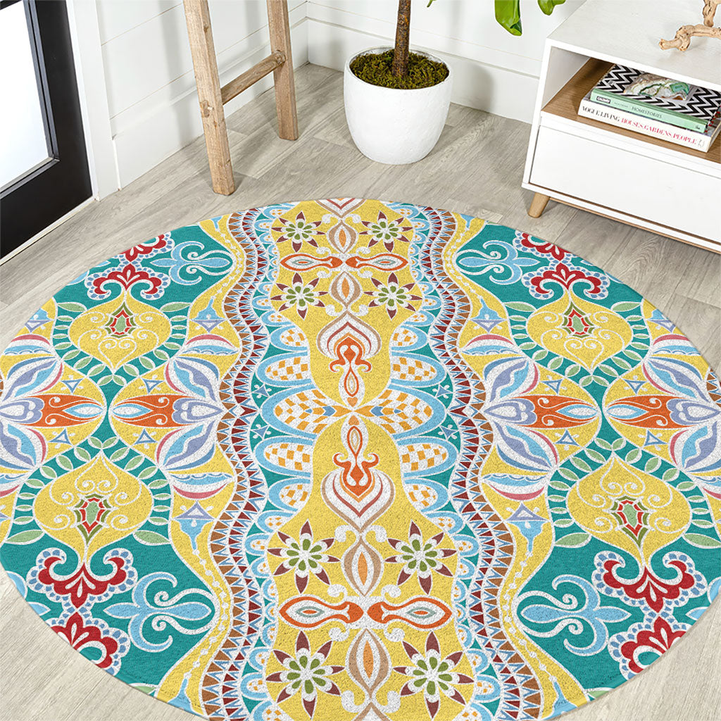 Indian Mandala Pattern Round Carpet Yellow Geometric Floral Mandala