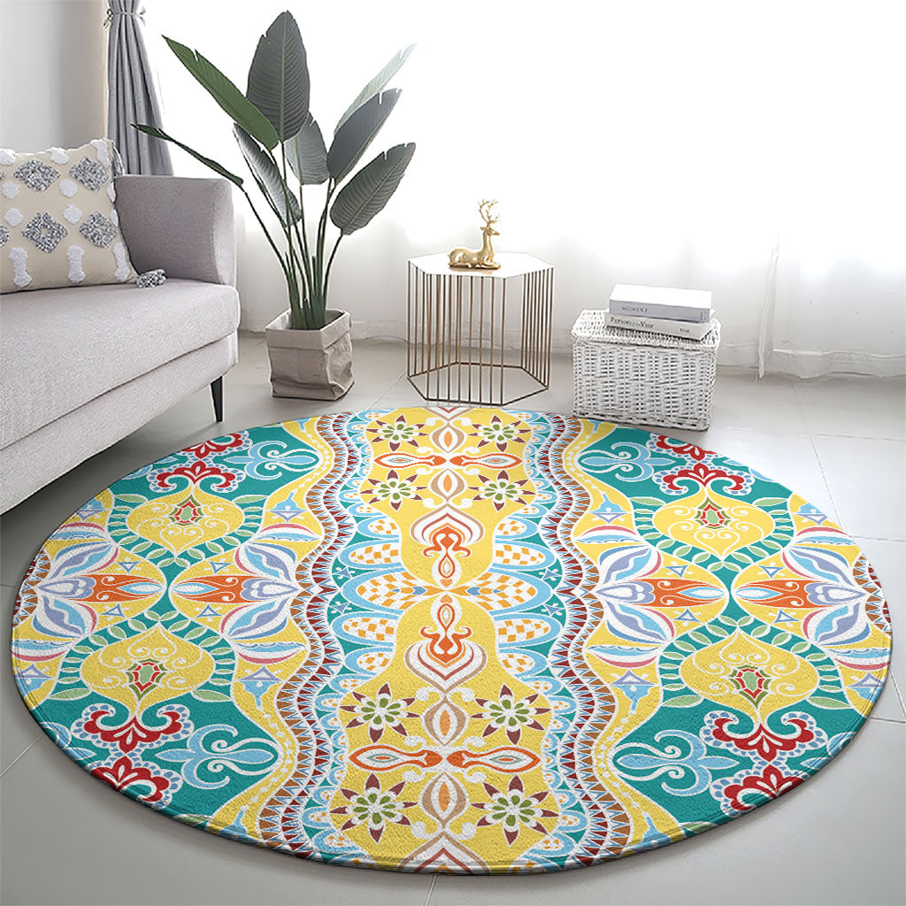 Indian Mandala Pattern Round Carpet Yellow Geometric Floral Mandala