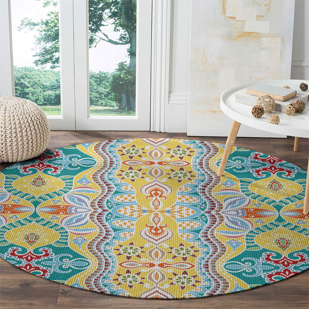 Indian Mandala Pattern Round Carpet Yellow Geometric Floral Mandala