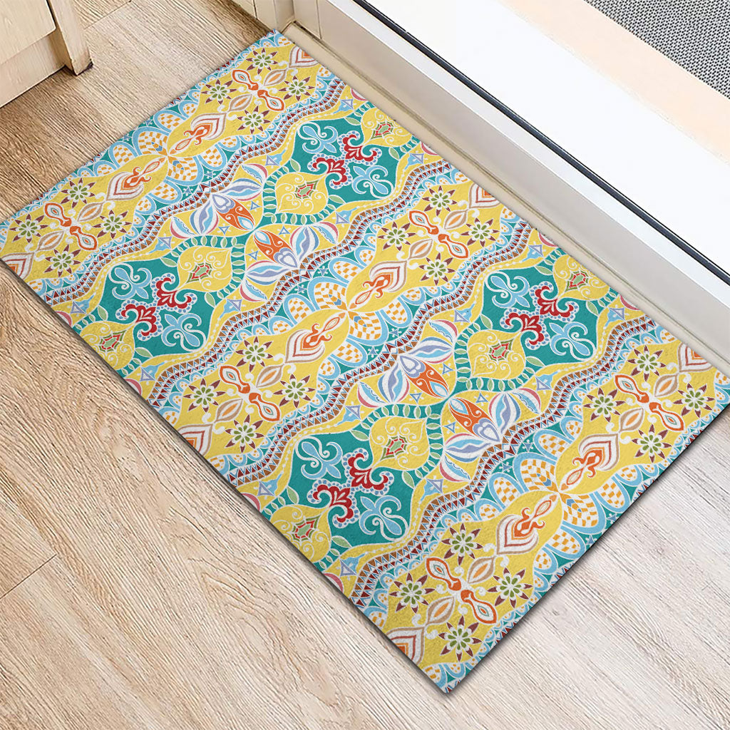 Indian Mandala Pattern Rubber Doormat Yellow Geometric Floral Mandala