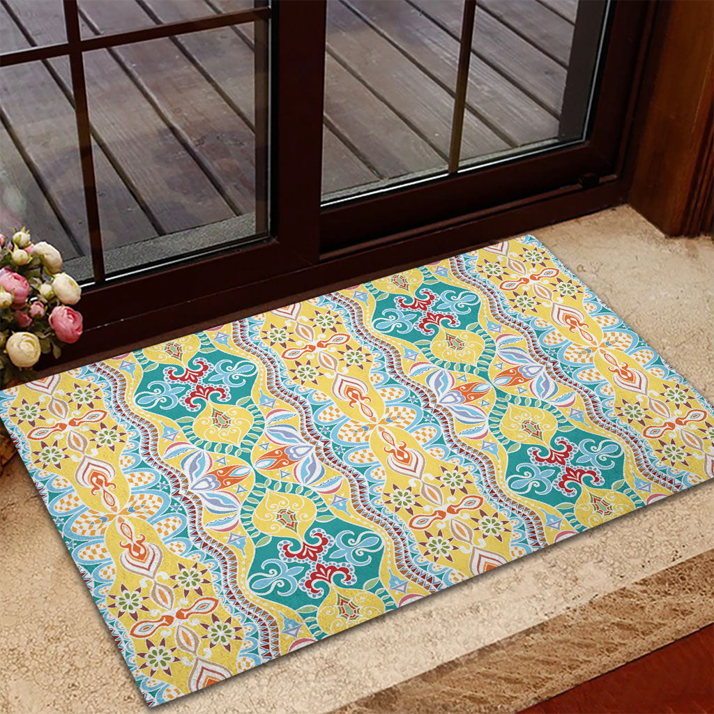 Indian Mandala Pattern Rubber Doormat Yellow Geometric Floral Mandala