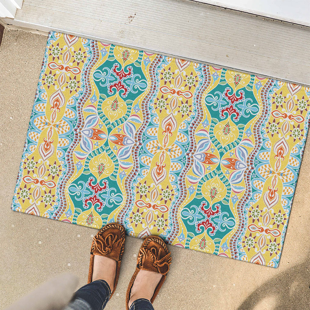 Indian Mandala Pattern Rubber Doormat Yellow Geometric Floral Mandala