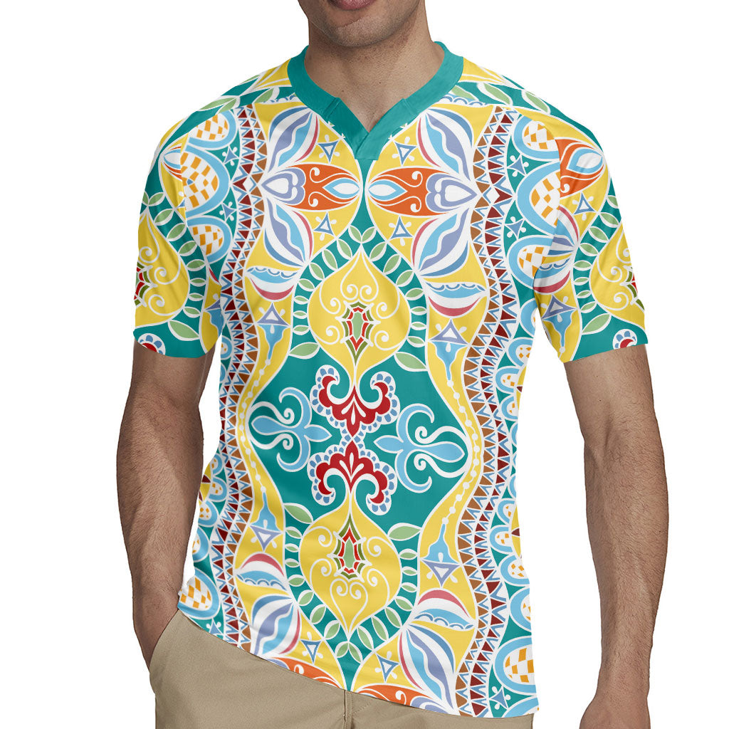 Indian Mandala Pattern Rugby Jersey Yellow Geometric Floral Mandala